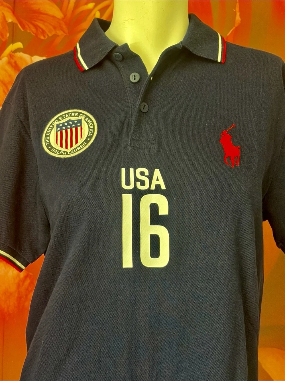 Polo Ralph Lauren USA 16 Big Pony Polo Shirt Navy Blue Men's M Custom Fit Flag